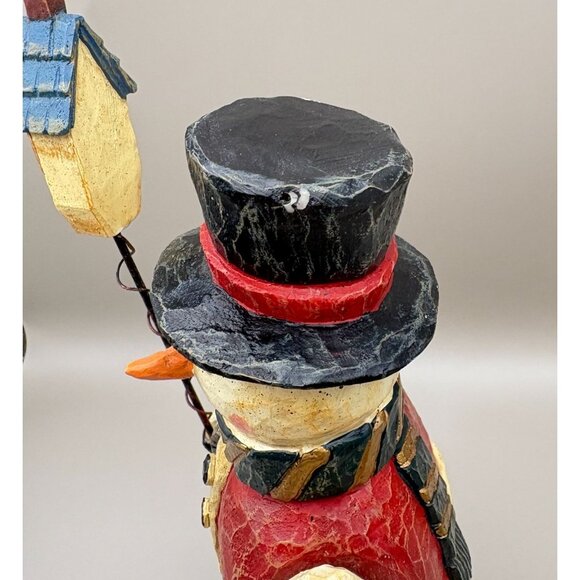 Vintage Rustic Snowman Christmas Figurine with Birdhouse Carved Folk Art Style - Picture 6 of 10